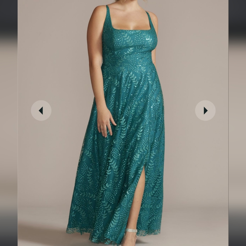 David's bridal/jules and cleo square neck floral leaf patterned sequin a-line